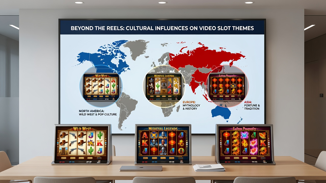 Split view of video slot screens showing European historical themes on one side and North American entertainment icons on the other