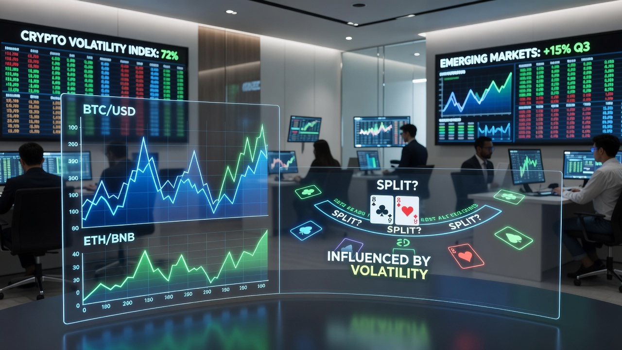 Digital interface showing cryptocurrency price charts alongside a blackjack table with split hand options highlighted