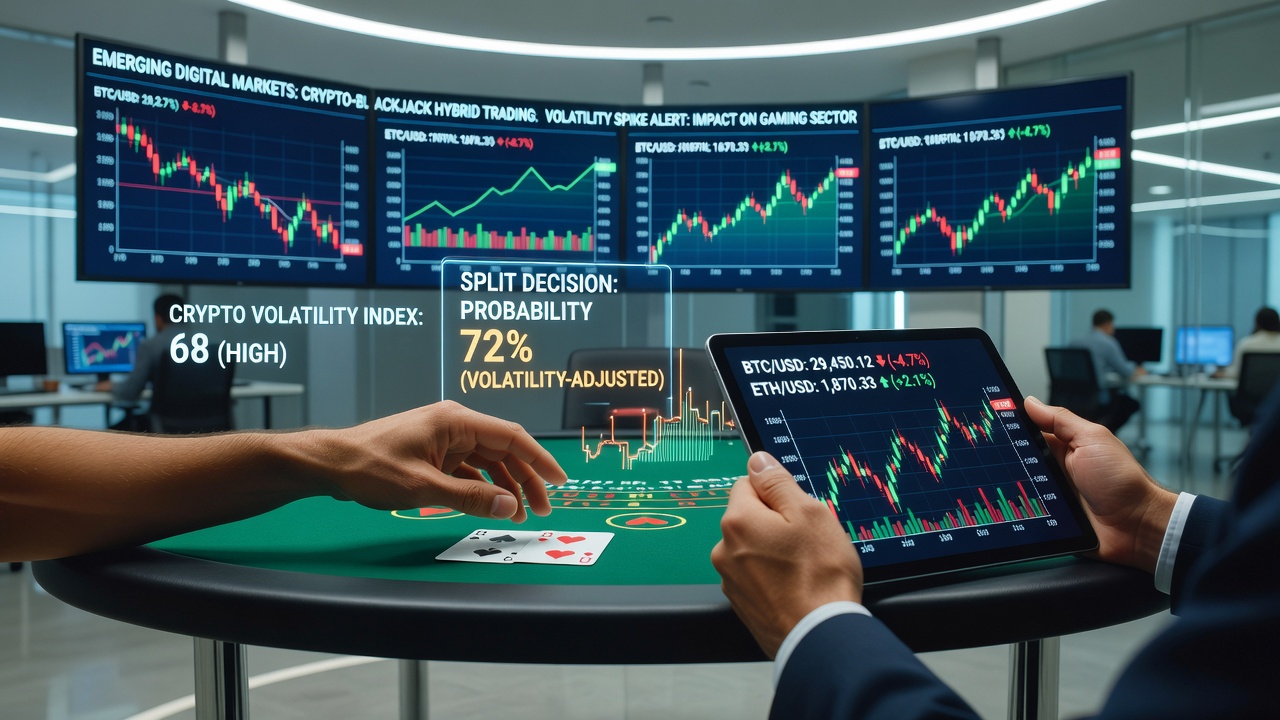 Mobile screen displaying live blackjack game with cryptocurrency balance indicators and split decision prompts
