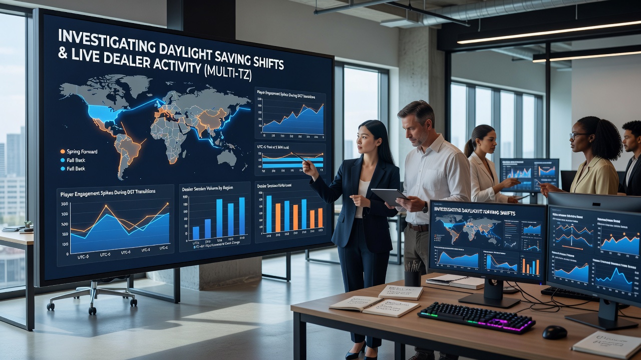 Dashboard screenshot displaying live dealer session metrics across different time zones during a daylight saving transition