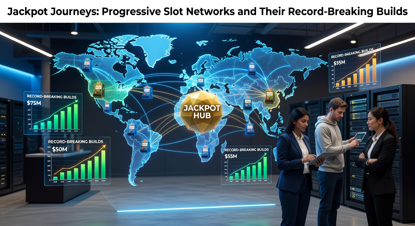 Dynamic illustration of interconnected slot machines across casinos, with glowing jackpot meters climbing toward record highs
