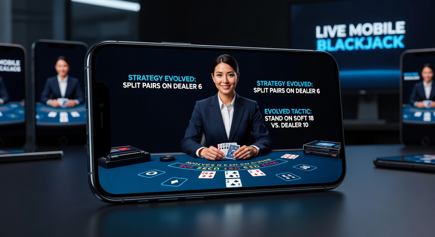 Live dealer blackjack table on a mobile screen showing the dealer facing the camera with cards in play
