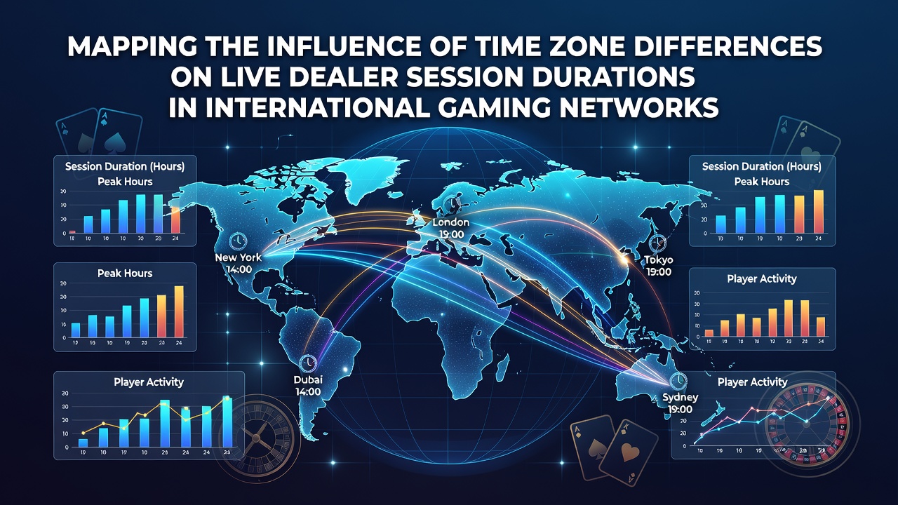 Global map overlay showing time zones and live dealer gaming connections across continents