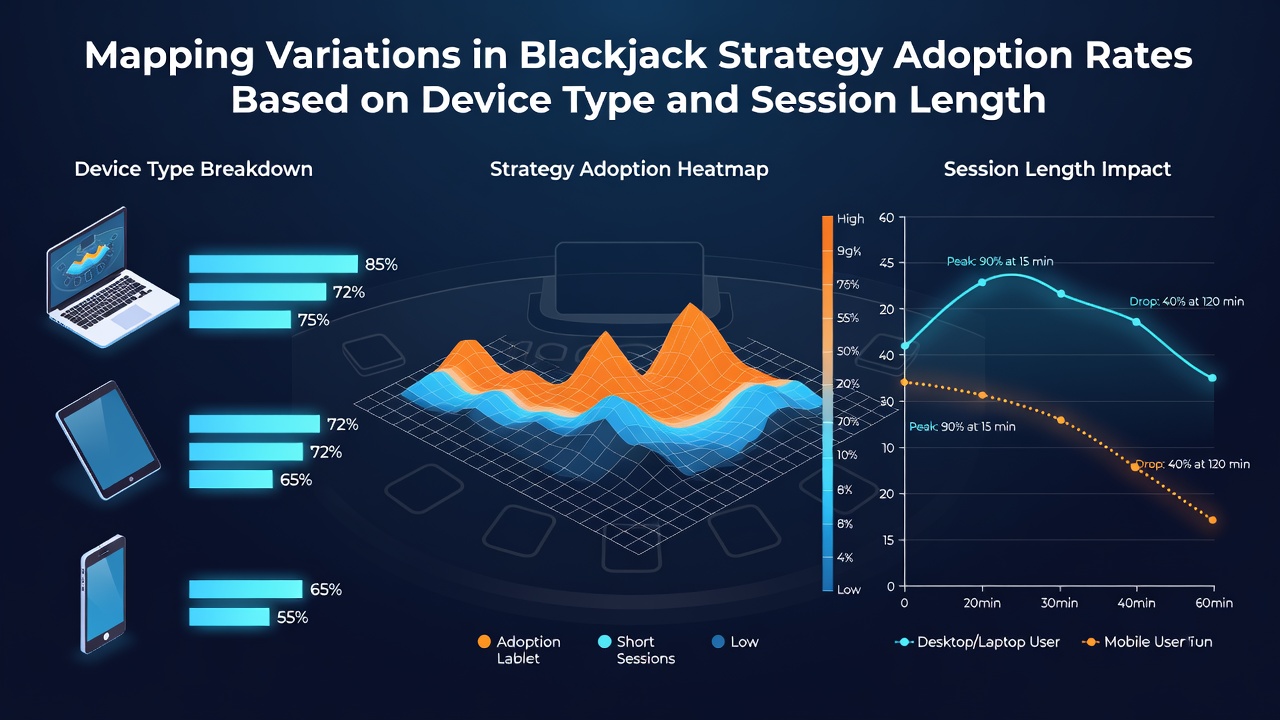Charts displaying session duration impacts on blackjack tactics for mobile versus desktop users