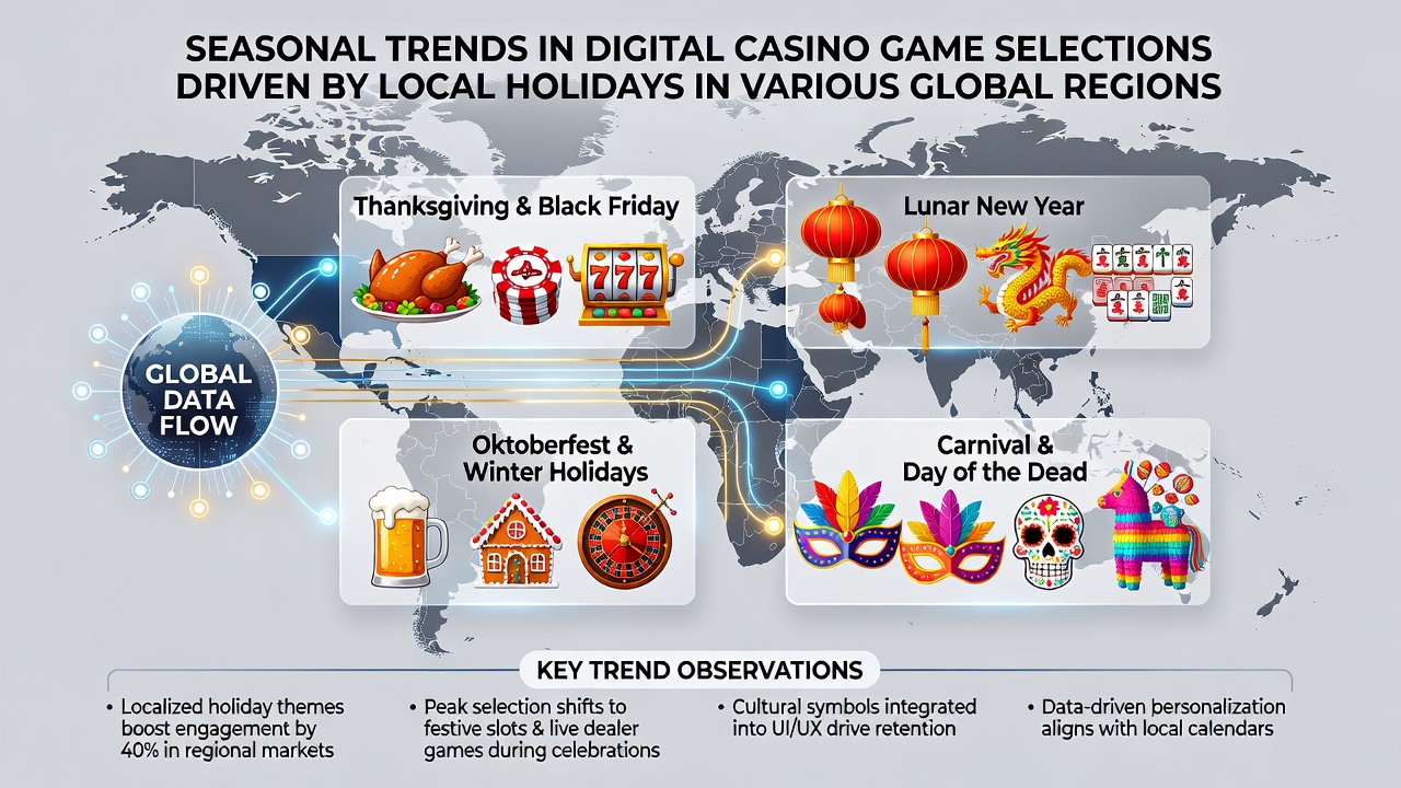 Global regions map highlighting casino game preference changes during local holidays