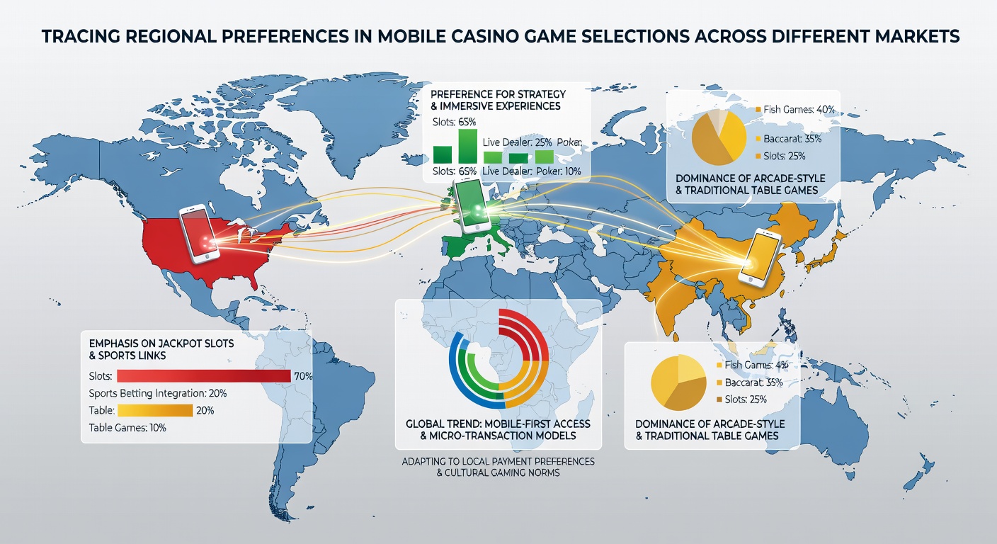 Data visualization of mobile casino game preferences mapped across continents with color-coded regional highlights